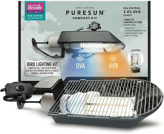 Arcadia Puresun Compact Bird Lighting Kit 20 Watts 2.4% UVB Complete Full Spectrum UVB Light Fixture for Indoor Bird Lights, Habitats and Aviaries, Long Lasting Easy to Use Avian Illumination Setup