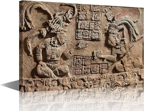 TUMOVO Mayan Hieroglyphs Sculpture Wall Paintings for Living Room Aztec Pictures Print On Canvas Mexico Wall Art Bedroom Wall Decoration Office Wall Art 1 Piece Giclee Framed Ready to Hang - 24x16in