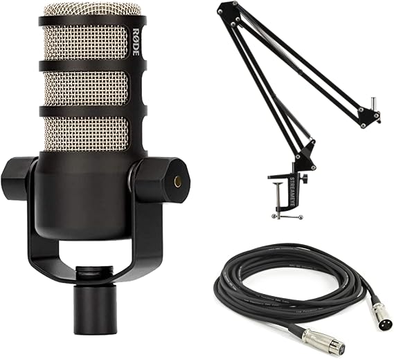 Rode PodMic Dynamic Broadcast Microphone Boom Arm Bundle with StreamEye BOOMARM1 27-Inch Aluminum Arm and 10-Foot Balanced XLR Cable Cardioid, Internal Pop Filter, No Phantom Power