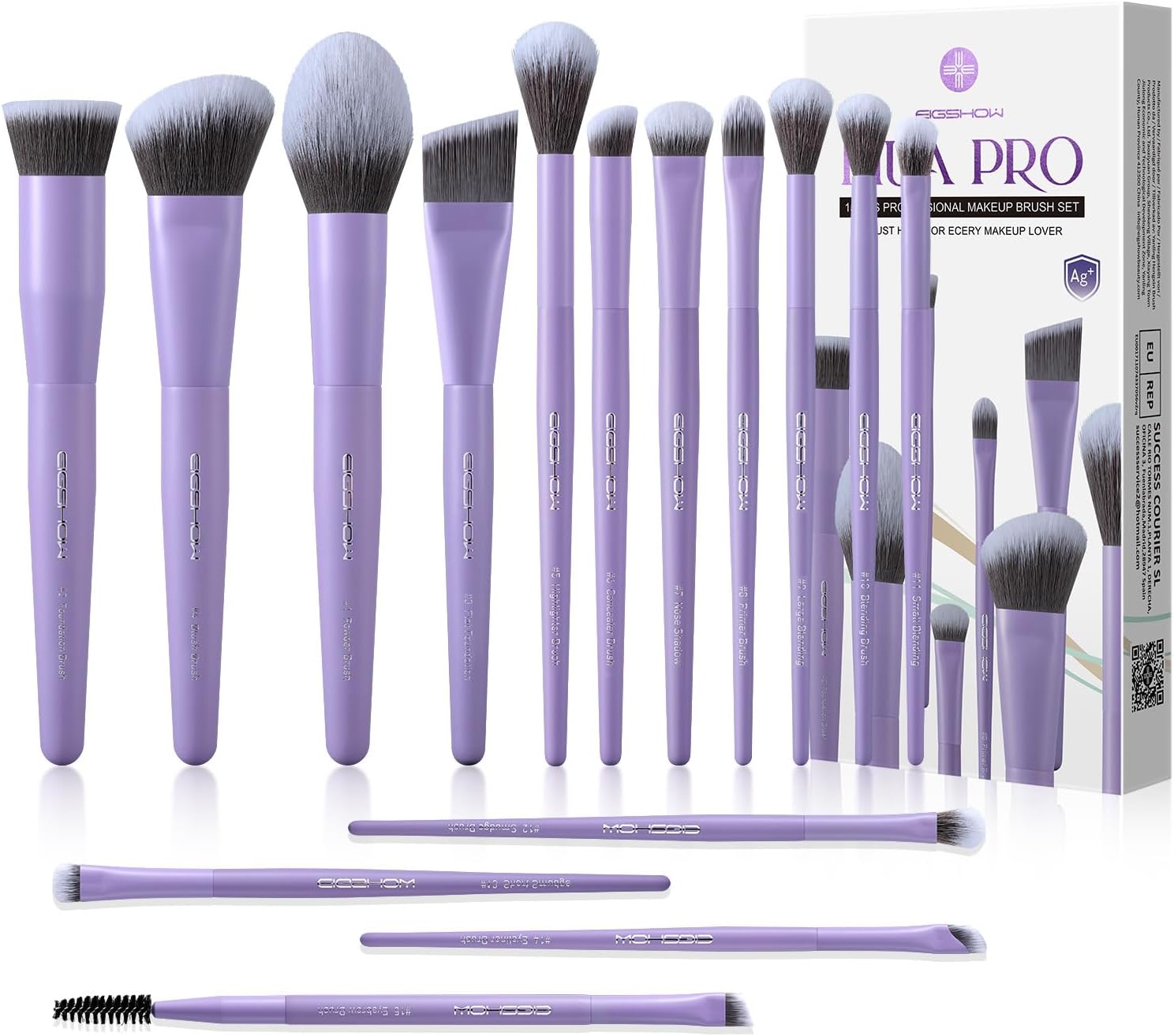 EIGSHOW Makeup Brush Set, Foundation Powder Blush Highlighter Concealer Eyeshadow Eyeliner Professional Makeup Brushes with Silver Ion Brush for 15pcs Travel Gift Set Matte Purple