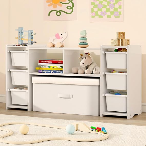 MallBest 子供用おもちゃ収納オーガナイザーシェルフ - 100%無垢材 子供用収納キャビネット プラスチック容器6個付き テーブルステッカー付き プレイルーム 子供部屋 ホワイト