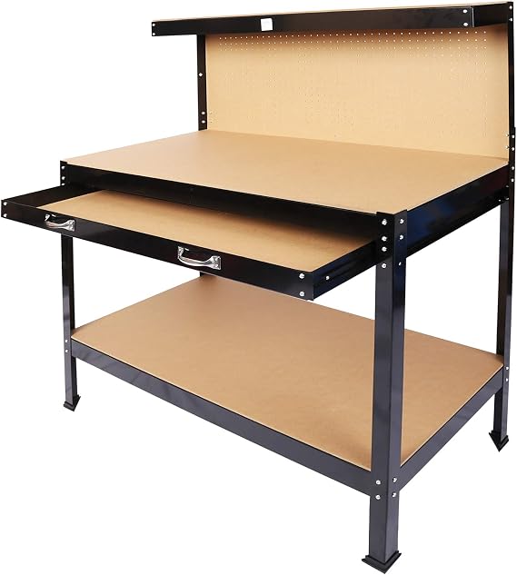 Workbench, Steel Tool Storage Work Bench Workshop Tools Table W/Drawer and Peg Board,300 Lbs Weight Capacity (55"H)