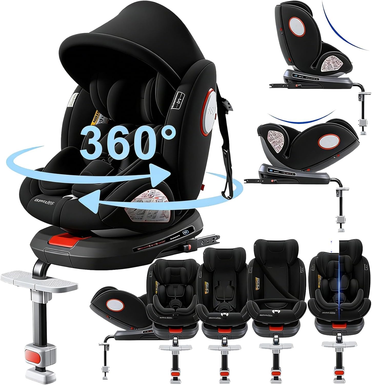 360° Rotatable Car Seat, Reclining Car Seat with Adjustable Headrest (Black-Upgraded Version)