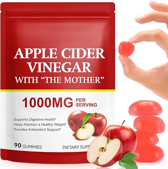 Apple Cider Vinegar Gummies - 90 Count, 1000mg ACV Gummy with Folic Acid, Gelatin-Free, Gluten-Free, Vegan & Non-GMO