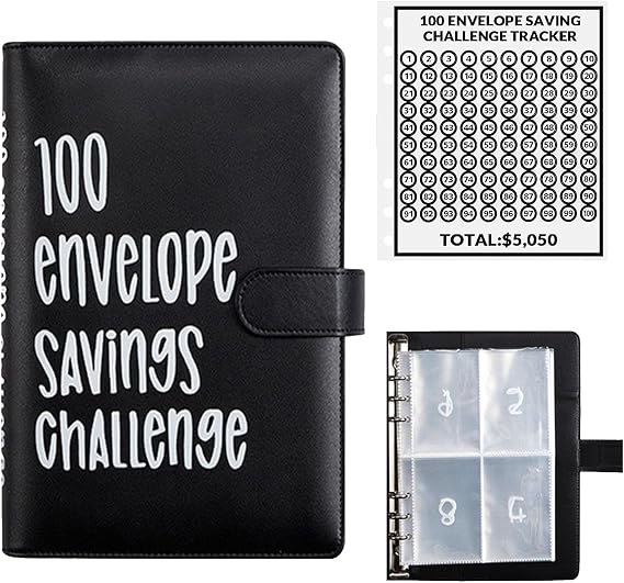 100 Envelopes Money Saving Challenge, 100 Envelope Challenge Binder, Easy and Fun Way to Save $5,050, Savings Challenges Budget Book Binder with Cash Envelopes for Office,Home,School (Black)