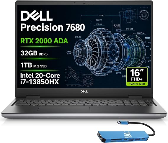 Dell Precision 7680 Laptop, NVIDIA RTX 2000 Ada 8GB, i7-13850HX, 32GB DDR5 | 16" FHD+ Mobile Workstation, 1TB SSD, Intel 20-Core > Ultra 9 185H, Dell Pro Max, Engineer, Designer, USB C HUB, Win 11 Pro