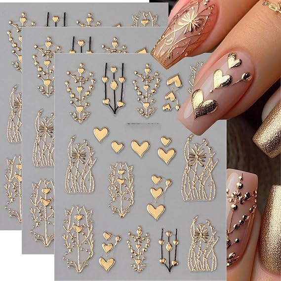 Gold Heart Nail Stickers for Nail Art 3Pcs Heart Nail Decals Metallic Golden Nail Design Stickers Hearts Tree Stripe Design Valentines Nails Supplies Self Adhesive Manicure Art Accessories for Women