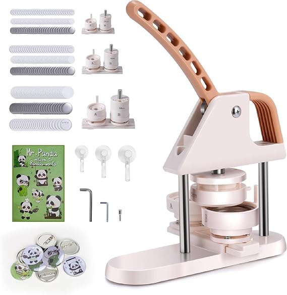 3-in-1 Button Maker Machine for 1/1.25/2.28 inch (25/32/58mm) Badges | Ergonomic Arc Handle Press Kit with 300pcs Button Parts | Includes Circle Cutter & Guidebook for DIY Crafts and Gifts