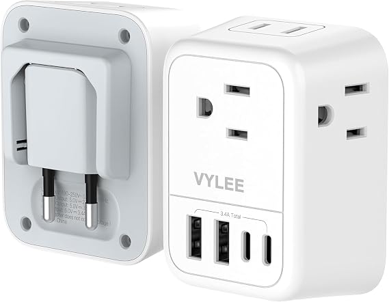 VYLEE Travel Adapter with 4 AC Outlets and 4 USB Ports - European Foldable International Power Adapter, Type C Plug Adapter Travel Essentials to Most Europe EU Spain Italy France Germany [1 Pack]