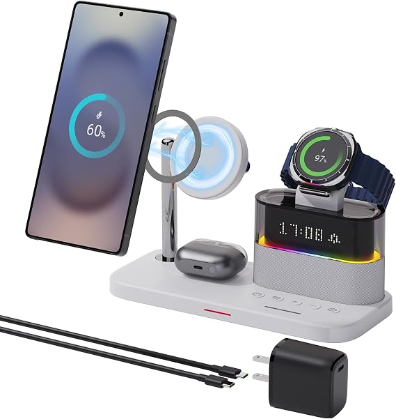 Magnetic Charger for Samsung, 5 in 1 Wireless Charging Station with Alarm Clock for Samsung Galaxy S25 Ultra/S24/S23/S22,Galaxy Watch 7/6/4/5,Galaxy Buds/Pro, White