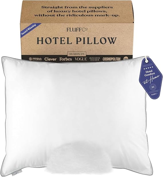 FluffCo Down Alternative Pillow - Standard Firm Queen Bed Pillow for Side Sleepers, Cooling & Hotel Comfort | Luxury Hotel Quality Bed Pillow, 300 Thread Count Cotton Shell, Made In USA, For Side, Back & Stomach Sleepers, 1-Pack