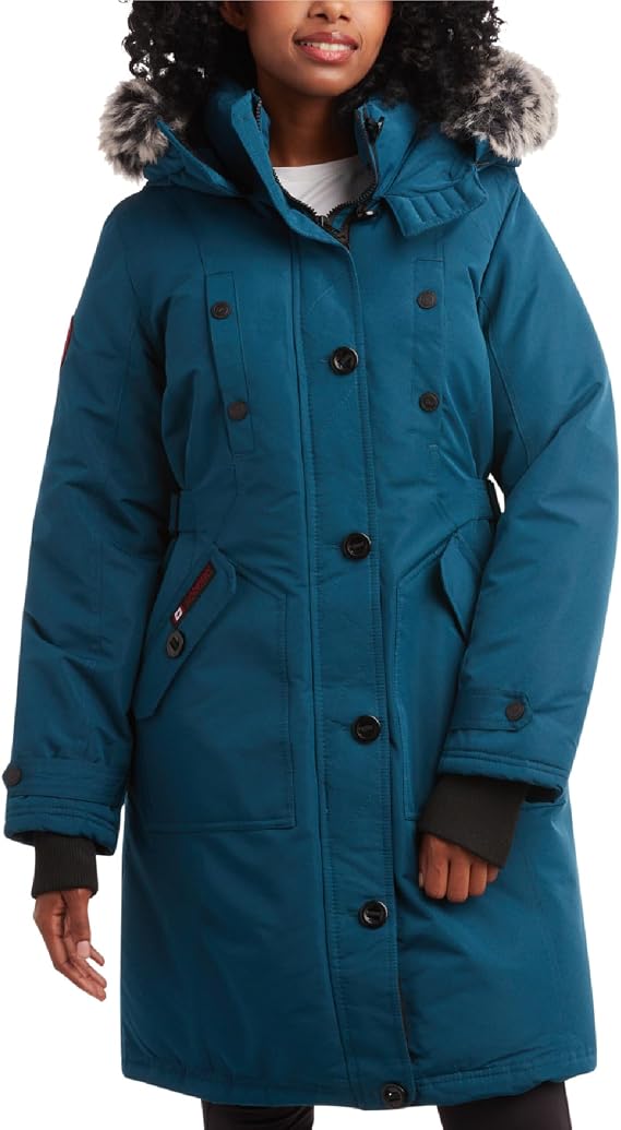 CANADA WEATHER GEAR Womens Long Puffer Coat - Heavyweight Wind Water Resistant Faux Fur Hood Parka Winter Jackets for Women