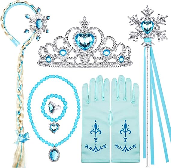 Golray Princess Dress Up Accessories Jewelry Play Toy Set for Girls with Headband Braid Wig, Crowns, Necklaces, Wands, Rings, Bracelets Gloves Princess Costume Accessories