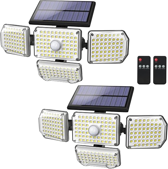 Solar Outdoor Lights, 214 LED 4 Adjustable Heads Motion Sensor Lights, Waterproof Solar Flood Security Light with Remote Control, 270 Wide Angle Wall Light with 3 Modes for Patio Backyard (2 Pack)