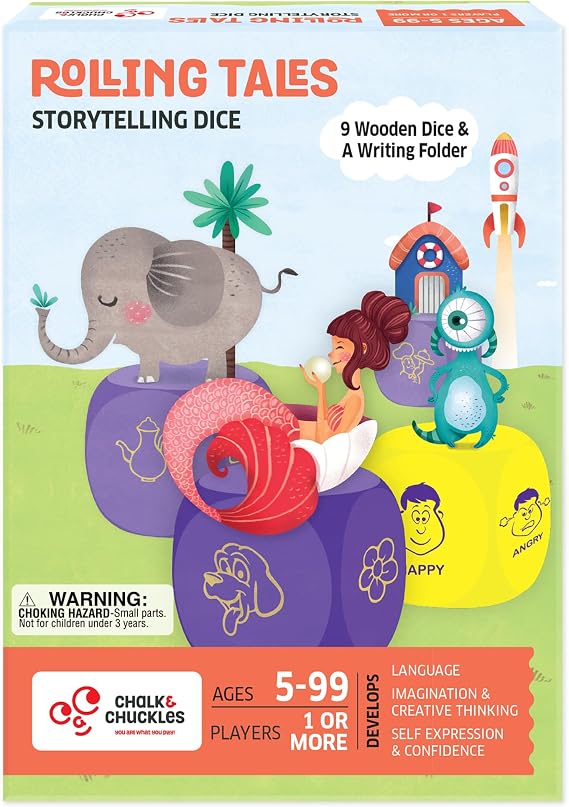 Chalk and Chuckles Rolling Tales Dice Game - 9 Wooden Dice for Storytelling Fun for Kids Ages 5+