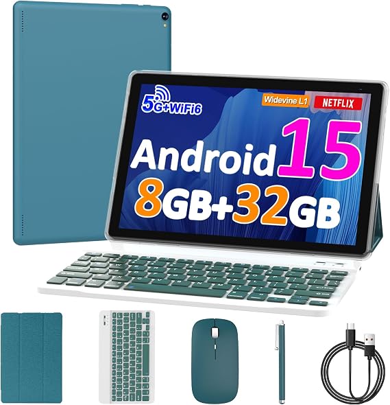 10 inch Android 15 Tablet, 8GB RAM 32GB ROM Powerful Quad-core CPU, 1280*800 Resolution Screen Tablet PC, 8MP Camera, 6000mAh Battery Computer, 2 in 1 Tablets with Keyboard, Case, Mouse, Stylus Laptop