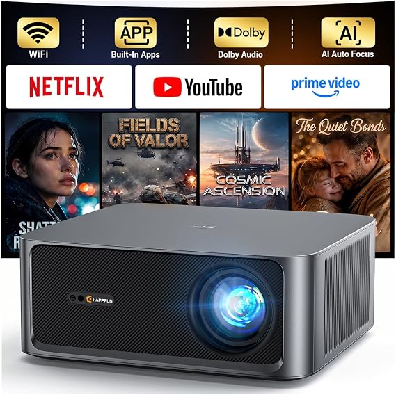 HAPPRUN 3000 ANSI Lumens Outdoor Projector with Built-in Apps, Smart OS