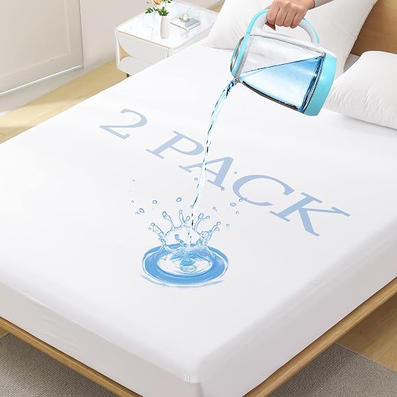 2 Pack King Size Premium Waterproof Mattress Protector, Soft Breathable Mattress Pad, Noiseless Waterproof Bed Cover - Stretch to 21" Fitted Deep Pocket Mattress Protection