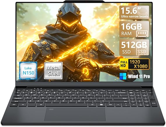 KUMNOSAL 2025 Gaming Laptop Narrow Bezel Laptop with Quad-Core Processor Twin Lake N150 Up to 3.6GHz 16GB DDR4 512GB SSD 15.6" FHD Premium Laptop Winds 11 Pro Metal Shell Type-C