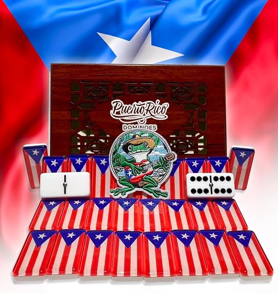 PRK 14 Premium Edition Puerto Rican Dominoes Set Deluxe Double Six Domino Adult Tiles with Puerto Rico Flag Design Resin & Clear Top Acrylic Classic Artisan Wooden Storage Case Included