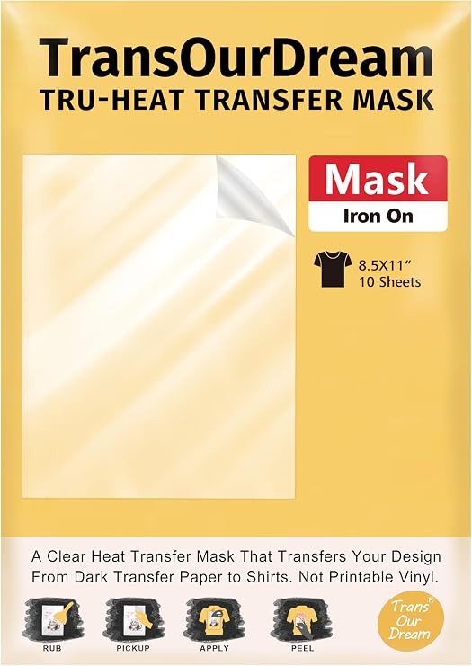 TransOurDream Heat Transfer Mask & Iron on Tape (10 Sheets, 8.5x11")- Iron-On Clear Positioning Film for Dark Transfer Paper & Printable HTV on Shirts