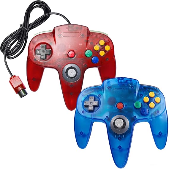 KIWITATA 2 Pack Classic N64 Controller, Wired Retro N64 Remote Joystick Replacement Controller for N64 System Video Games Console Clear Red+ Clear Blue