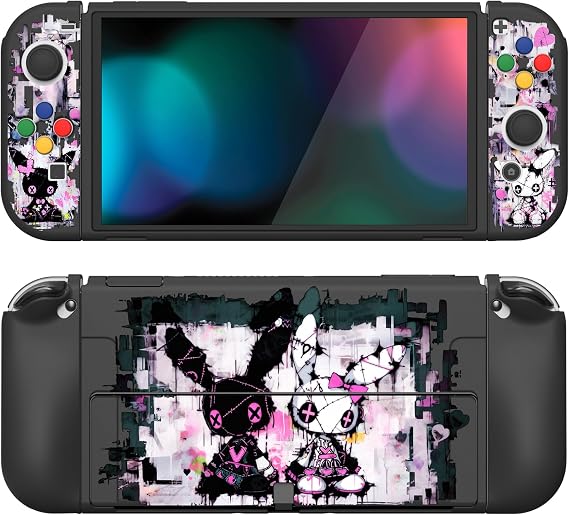 PlayVital ZealProtect Soft Protective Shell for Nintendo Switch OLED, Flexible Protector Joy-Con Grip Cover with Thumb Grip Caps and ABXY Direction Button Caps Punky Rabbit