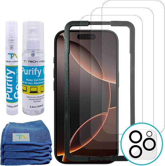 Tech Armor Complete Protection for Apple iPhone 16 Pro 6.3 Inch - Premium Ballistic Glass Screen Protector (3 Pack), Camera Lens Protector and Screen Cleaner Kit [3.4oz + 0.8oz] with Microfiber Cloths
