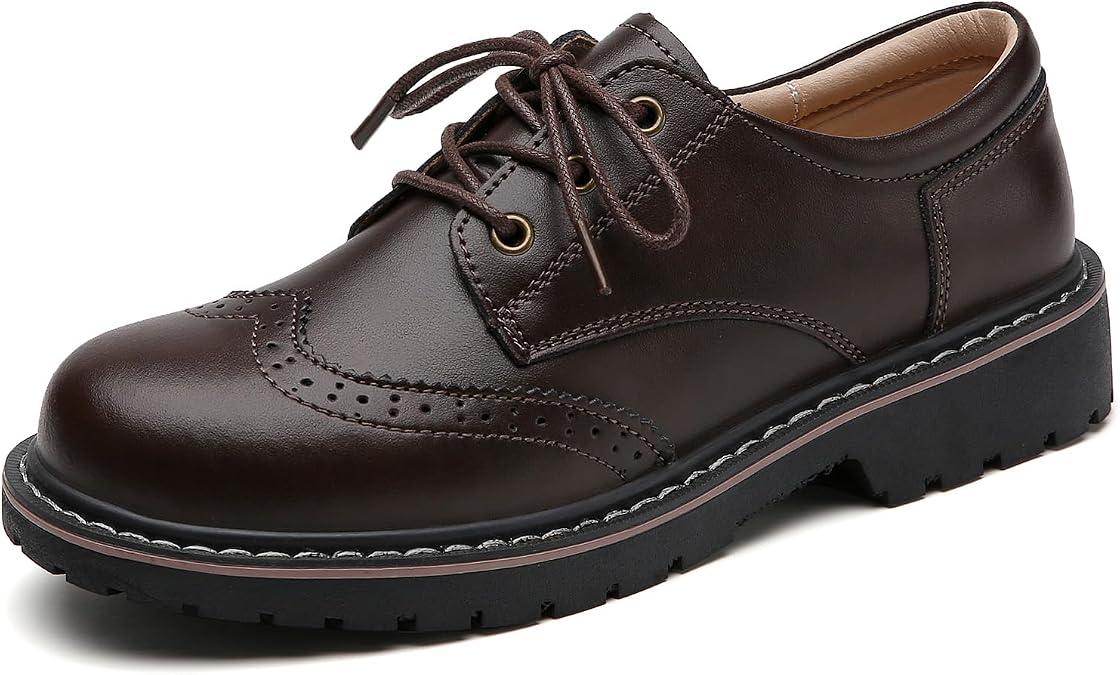 Oxford Shoes for Women Perforated Lace-up Round Toe Leather Low Heel Brogues Shoe for Girls Ladies Women Brown Size 9.5