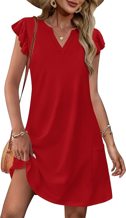 OFEEFAN Spring Summer Dresses for Women 2026 Casual Ruffle Sleeve V Neck Loose Swing Sundresses with Pockets Plain/Print