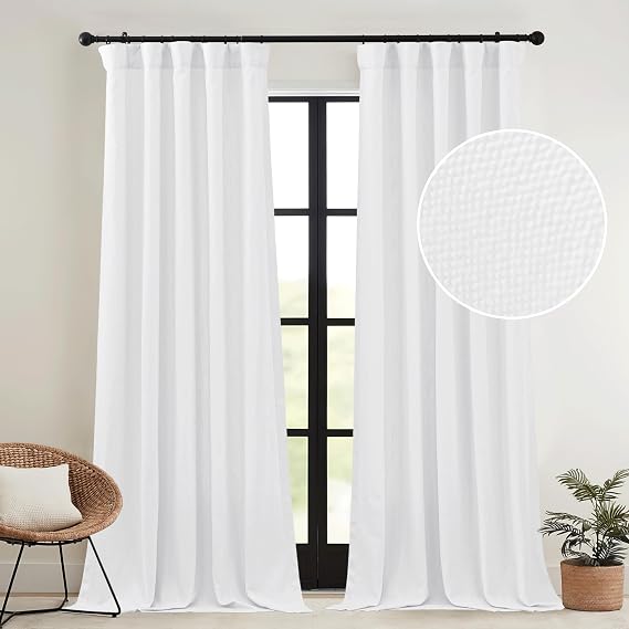 RYB HOME Heavy Faux Linen Wave Curtains for Bedroom, Pinch Pleated Light Filtering Privacy Drapes for Living Room Guest Room Door Window, White, W 52 x L 120 inch, 2 Panels Set