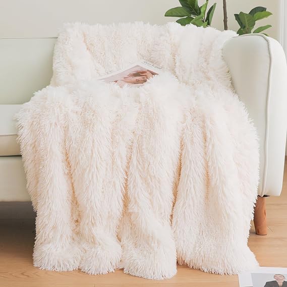 Beige Faux Fur Throw Blanket, Beige 50" x 60" Fluffy Blanket Throw, Shaggy Plush Decorative Couch Blanket, Cute Furry Throw Holidy Fuzzy Lap Blanket for Kids Women Men Teen Girls