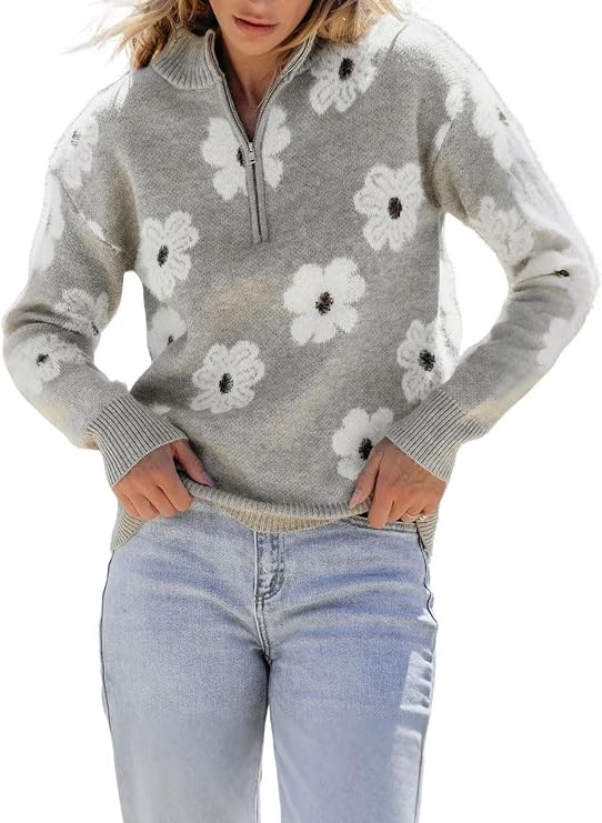 chouyatou Women's Fall Cute Floral Polo Collared Sweater 1/2 Zip Up Fuzzy Jacquard Knit Pullover Jumper Tops