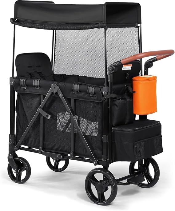 Double Stroller Wagon for 2 Kids - Foldable All-Terrain Wagon with Canopy, 5-Point Harness & Parent Organizer | Insulated Snack Pack, Adjustable Handle | Lightweight & Durable (Black)
