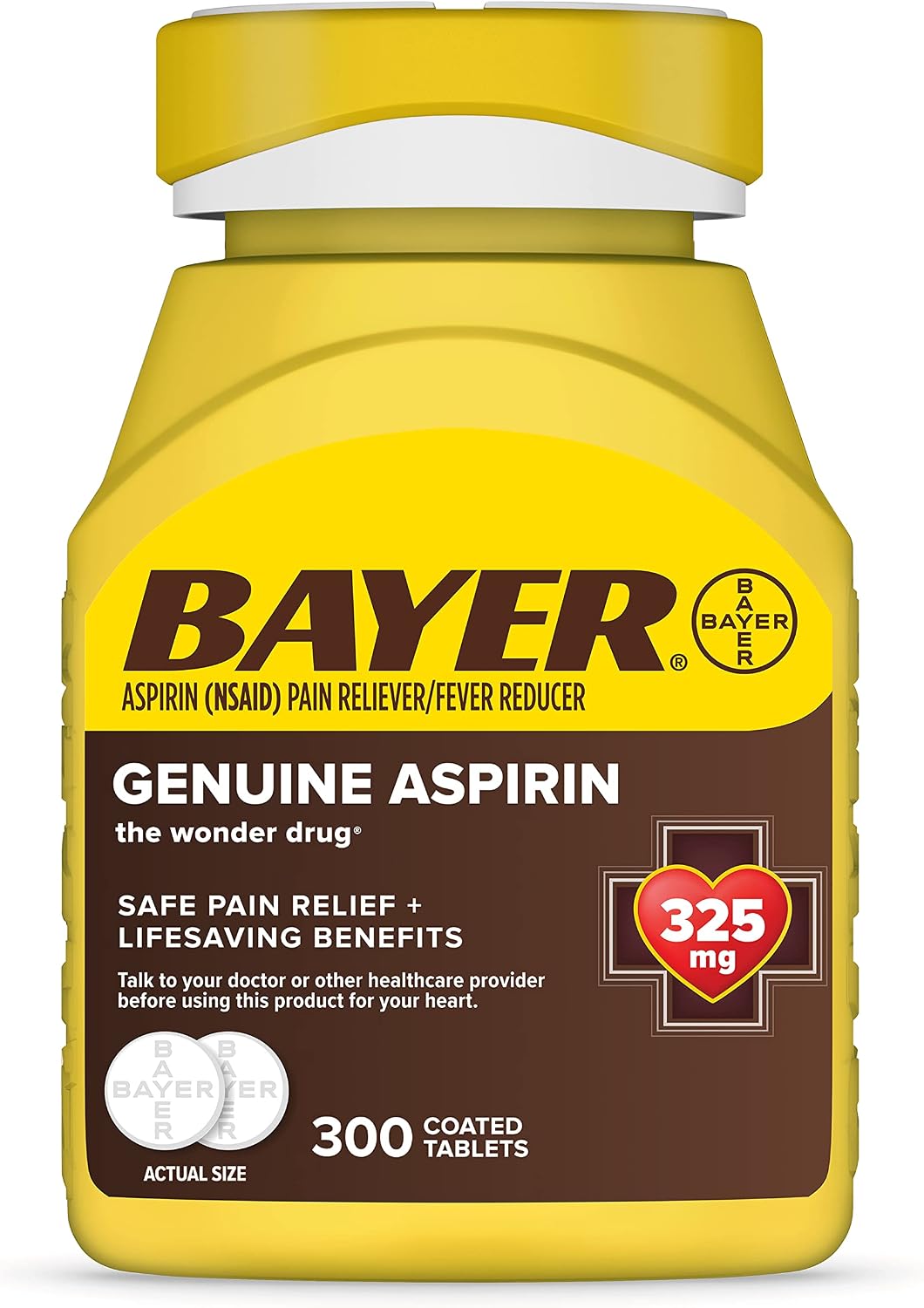 Bayer Genuine Aspirin 325 mg, Pain Reliever and Fever Reducer, Powerful Pain Relief of Headache, Muscle Pain, Minor Arthritis Pain, Back Ache, Toothache, and Menstrual Pain, 300 Coated Tablets