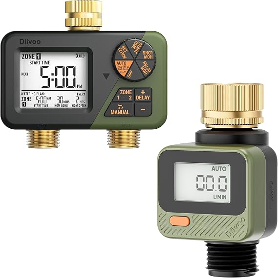 Diivoo Brass Sprinkler Timer 2 Zone & Diivoo Water Flow Meter with 180 Removable Panel Bundle