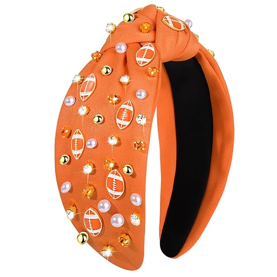 NVENF Football Headband for Women Football Mom Accessories Game Day Football Knotted Headbands Jeweled Rhinestone Crystal Wide Top Knot Sport Headbands Game Day Hair Accessory (Orange 1)