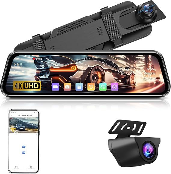 4K Reversing Camera Mirror 【WiFi】 10 Inch Mirror Dashcam Parking Aid WDR IPS touch screen with front rear reversing camera with type C connection G-sensor loop recording