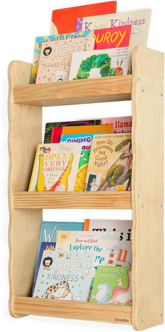 Ocodile Floating Kids Bookshelf 3-Tier Wall Mounted Bookshelf for Nursery & Playroom Montessori Floating Shelves for Kids Room Made of Pine Wood with Smooth Finish - Varnished