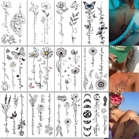 CHARLENT Flower Words Temporary Tattoos for Women Girls - Long Last Waterproof Realistic Black Sexy Temporary Tattoos for Women Body Art Arm Back
