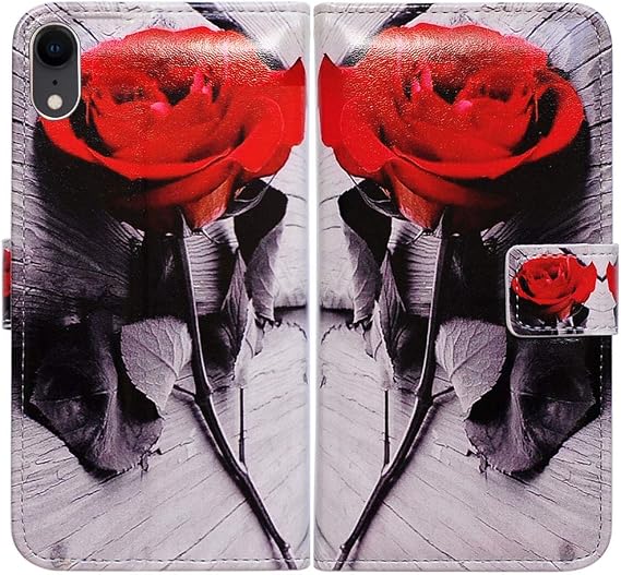 Bcov Case for iPhone XR, Red Rose Flower Leather Flip Wallet Case Phone Cover with Card Slot Holder Kickstand for iPhone XR