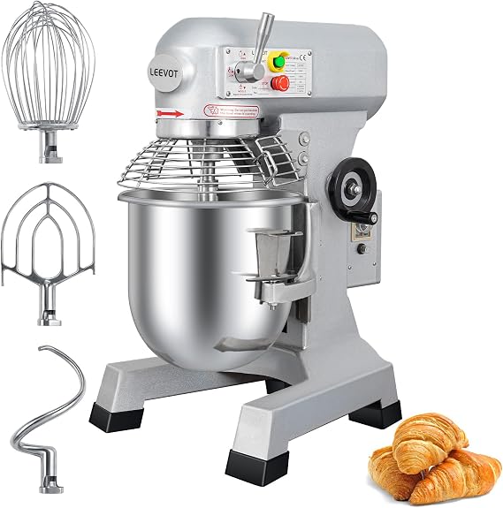 LEEVOT 10Qt 500W Commercial Food Mixer, Commercial mixer 3-Speed Adjustable Heavy Duty Stand Mixer with Stainless Steel Bowl for Bakery Pizzeria.