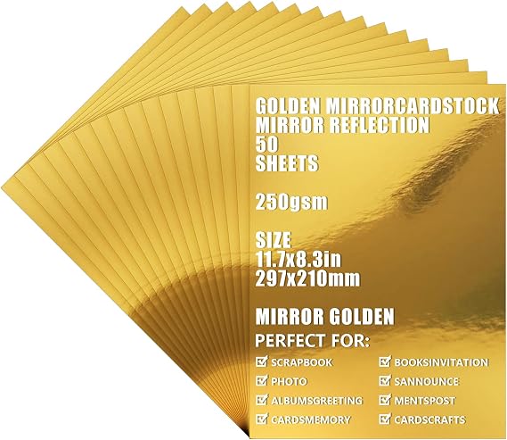 ASelected 50 Sheets A4 Gold Mirror Gold Card, Thick 250gsm/92Ib Metallic Card for Arts and Crafts, Mirror Foil Activity, Foil Cardstock for DIY Projects Wedding Birthday Party Decoration