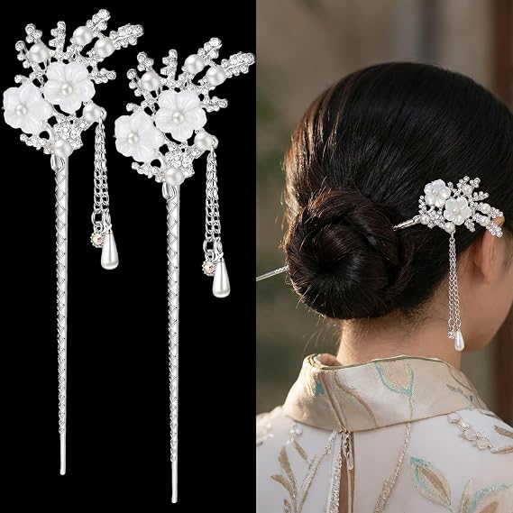 Chuangdi 2 Pcs Chinese Hair Sticks for Women, Rhinestone Silver Hair Pins