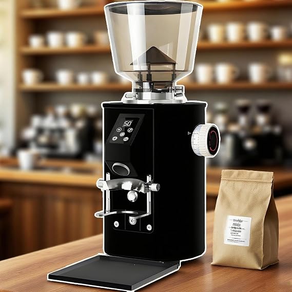 Commercial Coffee Grinder with 64mm Flat Burrs, 9 Settings, 450g Hopper, Double Dosing for Espresso and Coffee Beans
