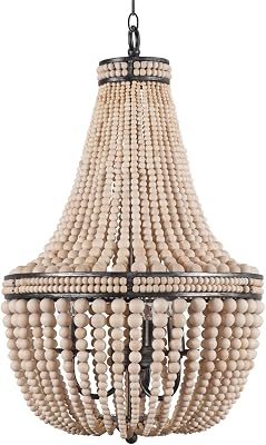 Farmhouse Wood Beaded Chandelier Boho Light Fixture, Oak White Wooden Bead Chandeliers Rustic Kitchen Island Hanging Pendant 3 Lights Fixtures for Dining&Living Room, Bedroom, Entryway