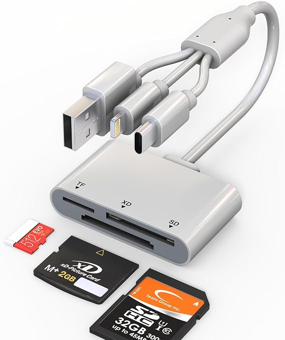 XD/TF/SD to iPhone Adapter Reader with USB-C, USB-A, Lightning - 3in1 SD MicroSD xD-Picture Card Reader, OTG Adapter SD Card Adapter for Smartphone/iPhone 17/16/15/14/13/iPad/PC/Android/Macbook/Camera