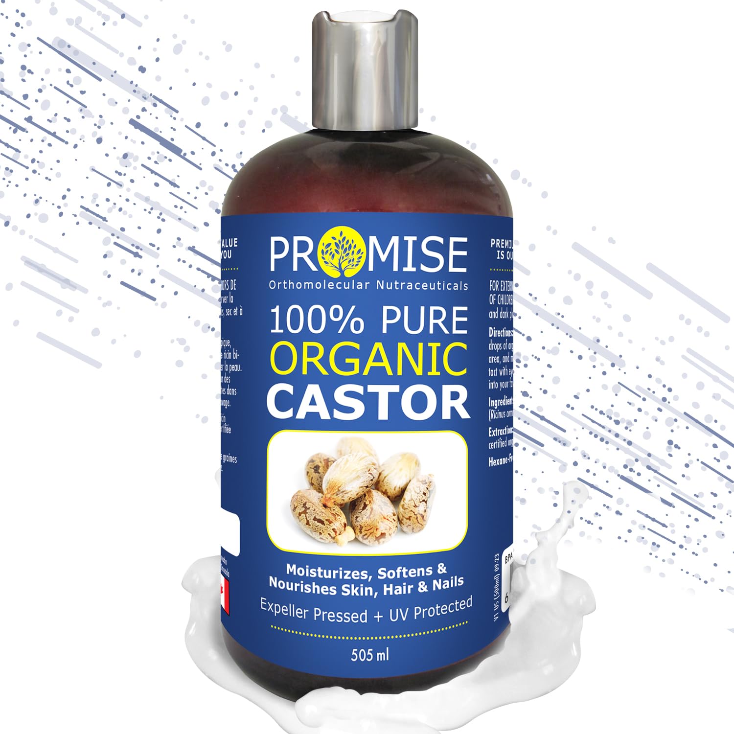 Promise Orthomolecular Nutraceuticals ORGANIC CASTOR Oil, 17 oz Pure Certified For Hair, Beard, Moisturizes, Softens, Nourishes Skin, Hair and Nails, Made in Canada, No Chemicals Cruelty Free 505ml