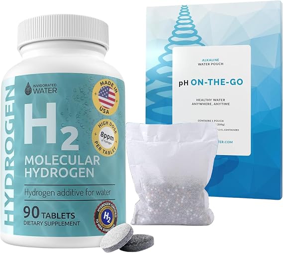 Invigorated Water Hydrogen & Alkaline Bundle H2 Molecular Hydrogen 90 Tablets & pH On-The-Go Alkaline Water Filter Pouch Energy, Antioxidant & pH Boost Portable Filtration System