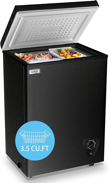 WANAI Chest Freezer 3.5 Cu.Ft Small Deep Top Door Mini with Removable Basket, Low Noise, 7 Adjustable Temperature and Energy Saving Perfect for Home Garage Basement Dorm or Apartment Black